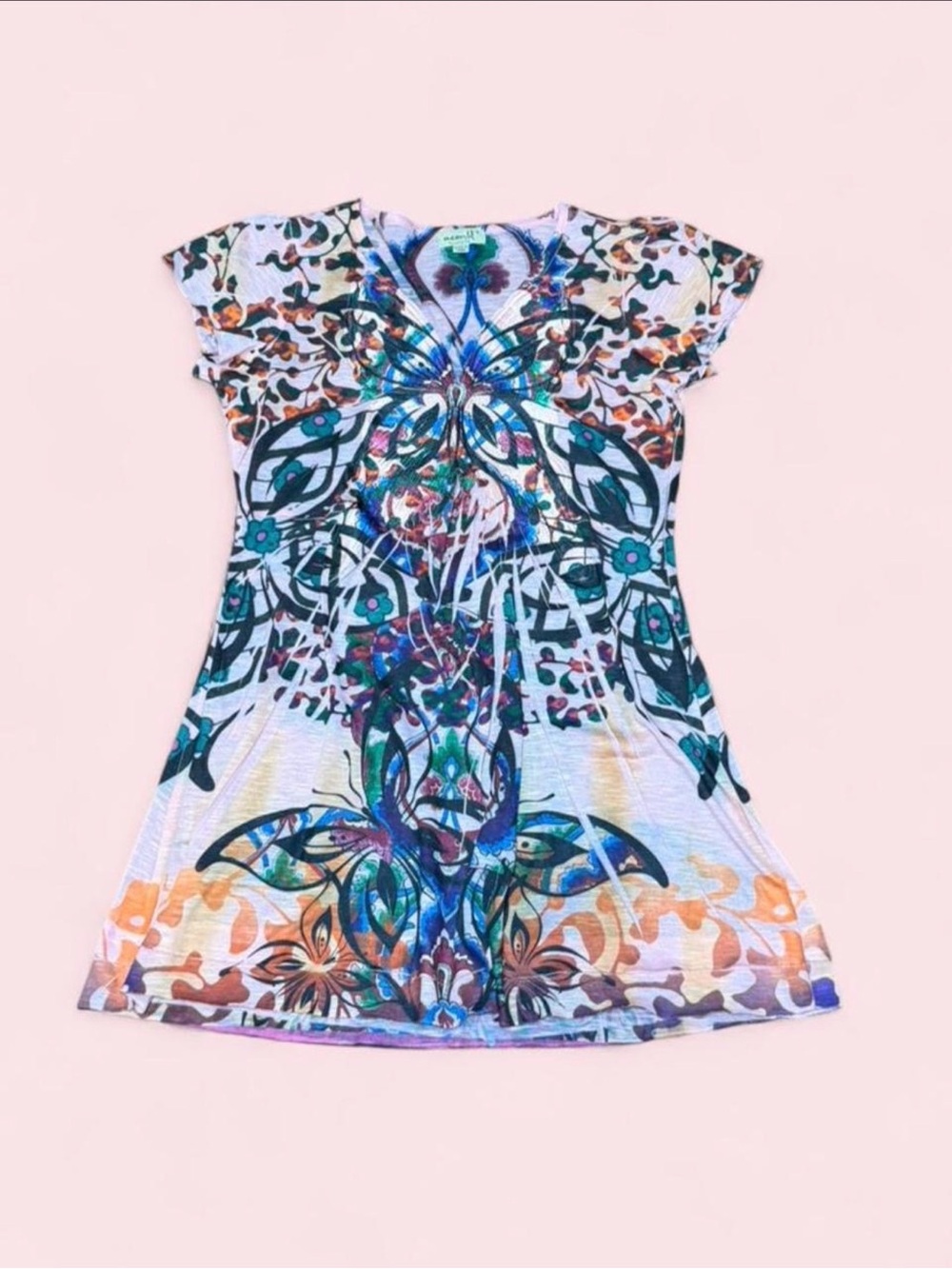 One World Butterfly Tunic Top Small Y2K McBling Mall Goth Kaleidoscope Print